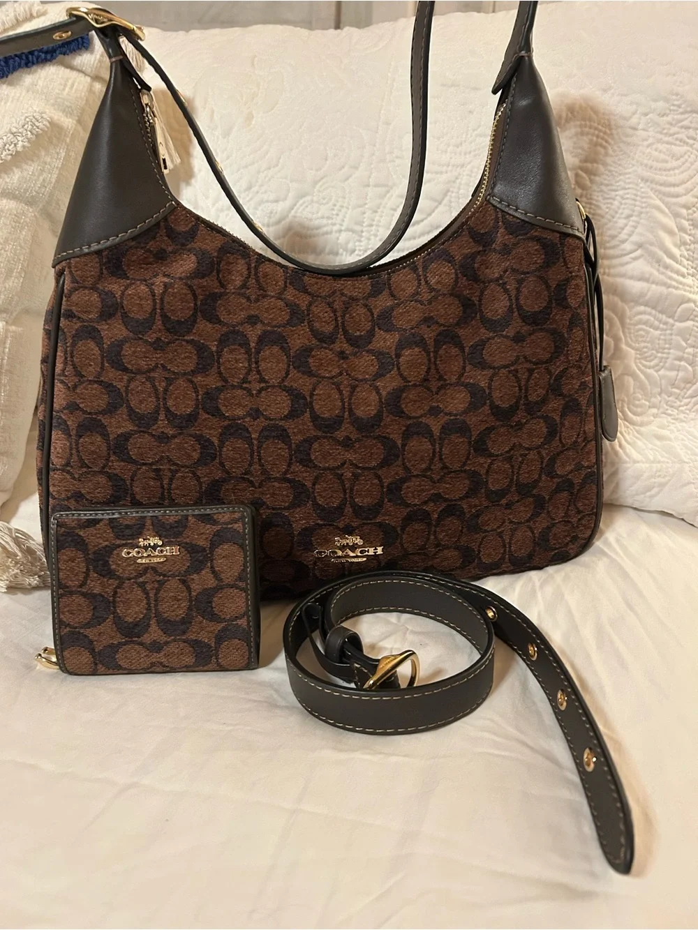 Coach Brown Signature Canvas Shoulder Bag with Wallet and Strap